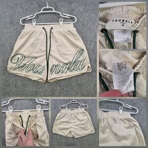 YoungLA Shorts Mens Medium Cream Mesh Script Logo Athletic Gym Running Pockets